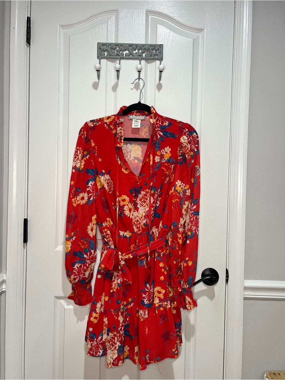 Red Floral Mini Dress with Tie Waist
